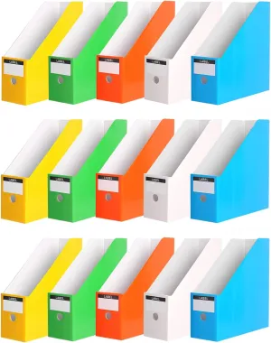 Foldable Desk File Holder Organizer Sturdy Cardboard Magazine Storage Box Document Rack with Blank Label Stickers for Home School Office (15, Multicolor)
