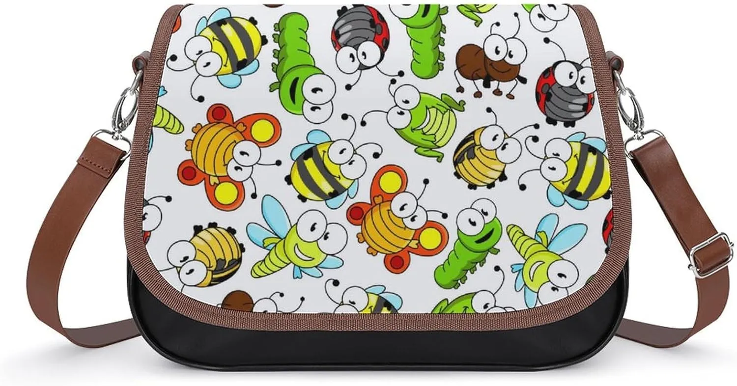 Funny Butterflies Bees Ladybugs Insects Cute Crossbody Purses for Women Leather Shoulder Bag Adjustable Shoulder Strap Handbag