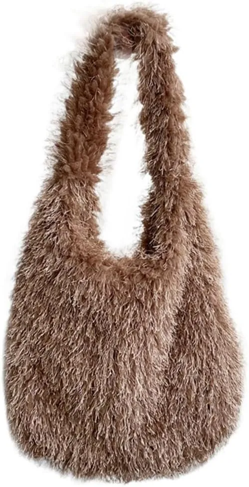 Furry Tote Bag for Women Faux Fur Shoulder Bag Y2k Purse Fluffy Large Fuzzy Handbags Cute Solid Top Handle Satchels