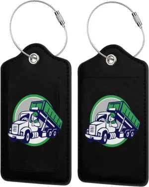 Garbage Truck Luggage Tags for Travel, Stainless Steel & Leather, Personalized Engraved, Durable Bag Tags 4 PCS