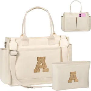 Gifts for Teen Girls Women, Initial Canvas Tote Bag with Zipper for College, Work, Teen Girl Gifts Trendy Stuff