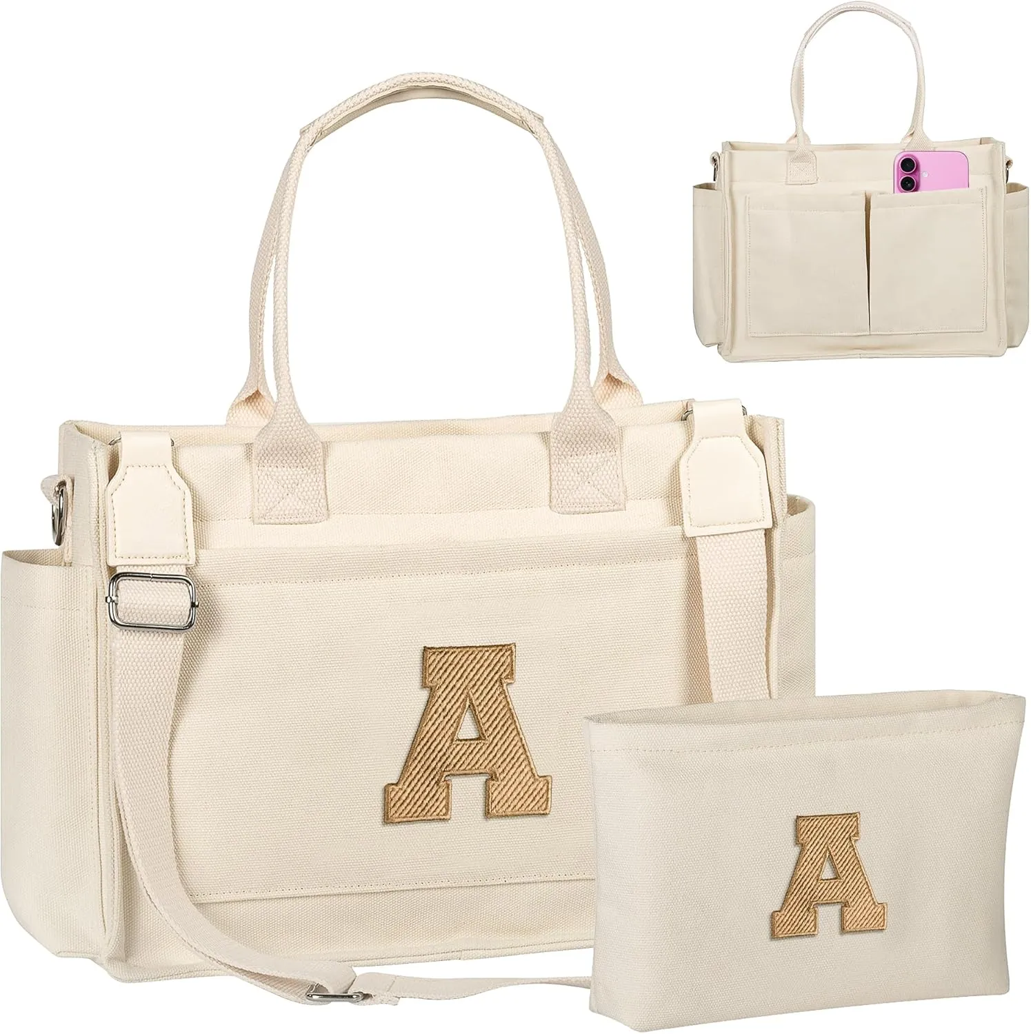 Gifts for Teen Girls Women, Initial Canvas Tote Bag with Zipper for College, Work, Teen Girl Gifts Trendy Stuff
