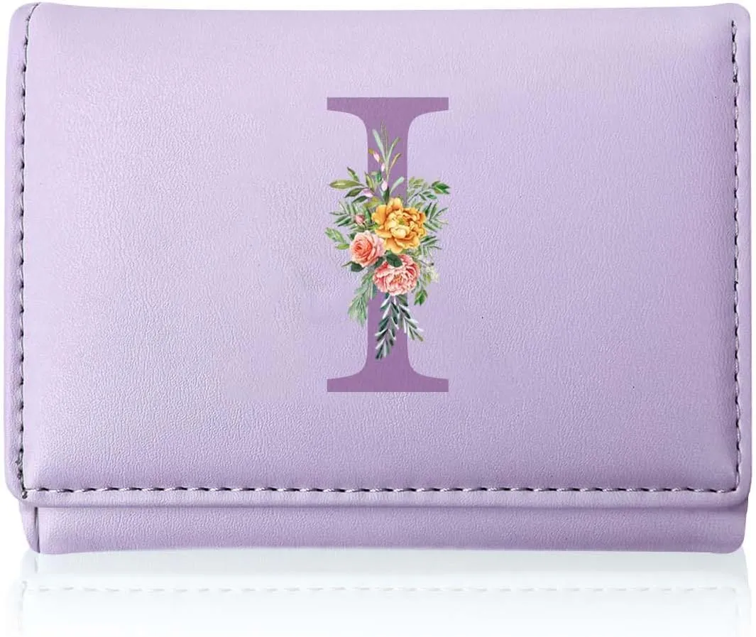 Girls Wallet,Small Tri-folded Aesthetic Wallet,PU Leather Purse Cash Pocket Card Holder ID Window Purse for Women Letter I