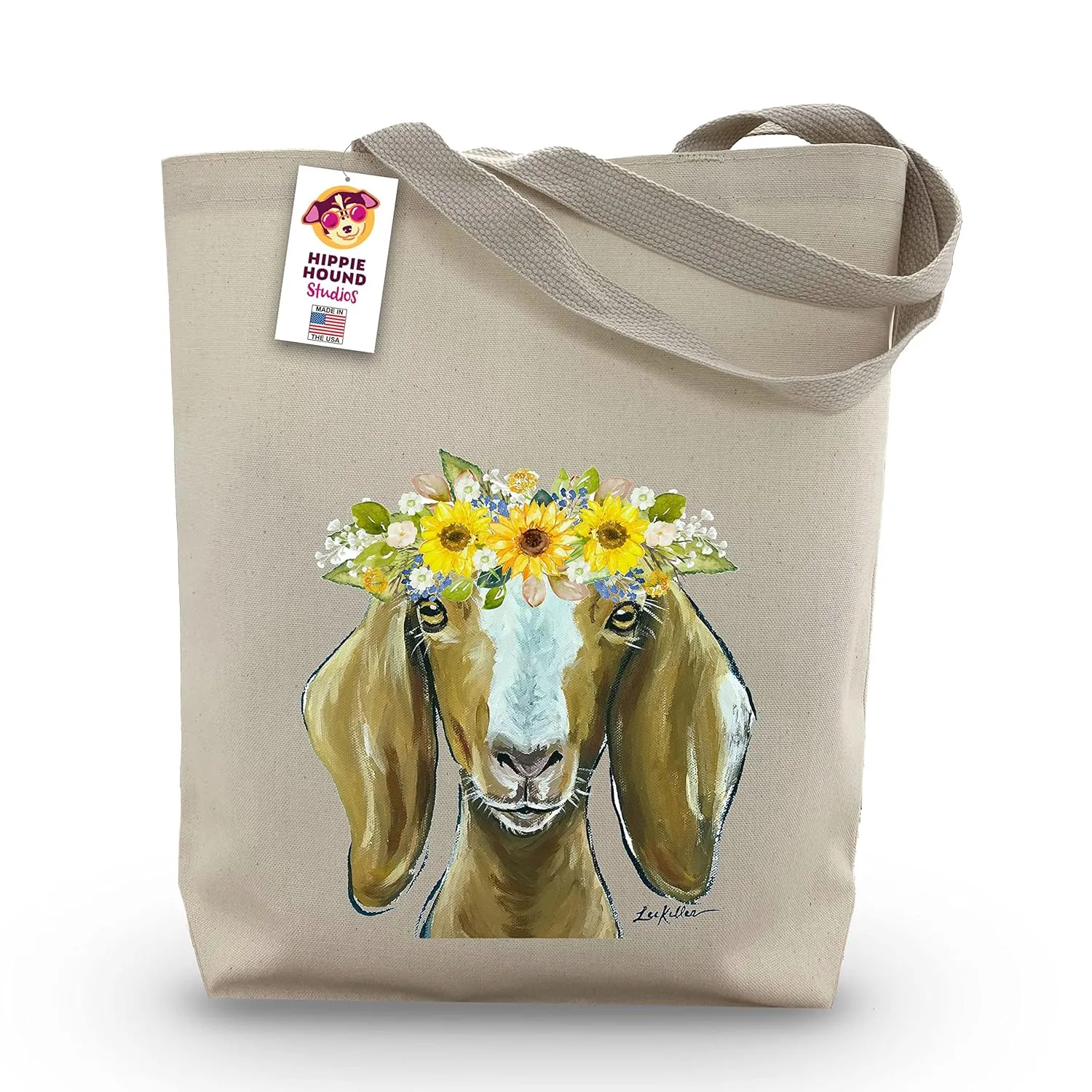 Goat Tote Bag - Handmade Totes - Canvas Goat Tote, Goat lover gift - Hippie Hound Studios Flower Crown Goat - Goat Gifts For Mom