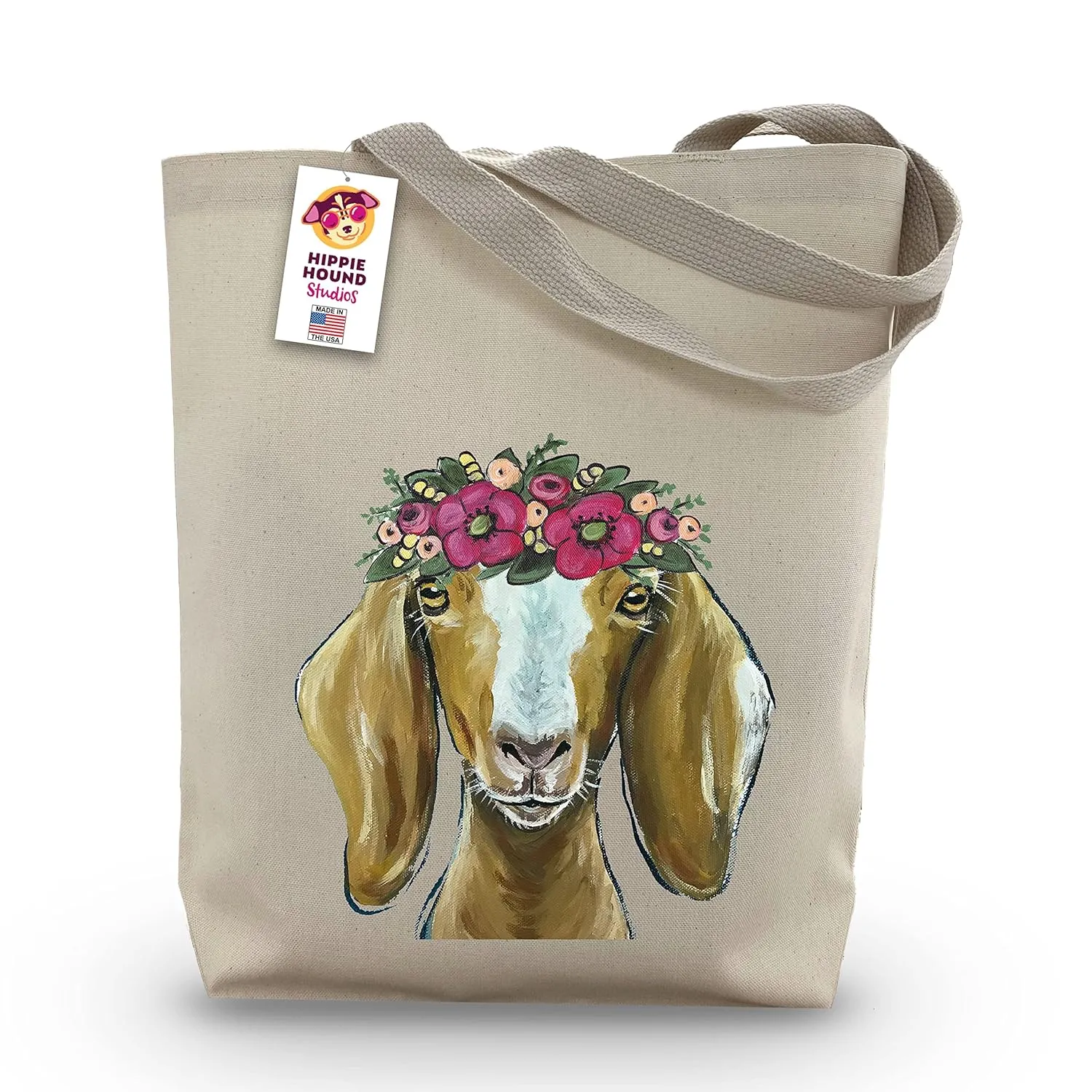 Goat with Flower Crown Tote Bag from Hippie Hound Studios - Goat Lover Gift - Handmade Totes - Goat Canvas Totes - Cute Goat Reusable Shopping Bag - Goat Gifts for Mom - Grocery Bag - Beach Bag