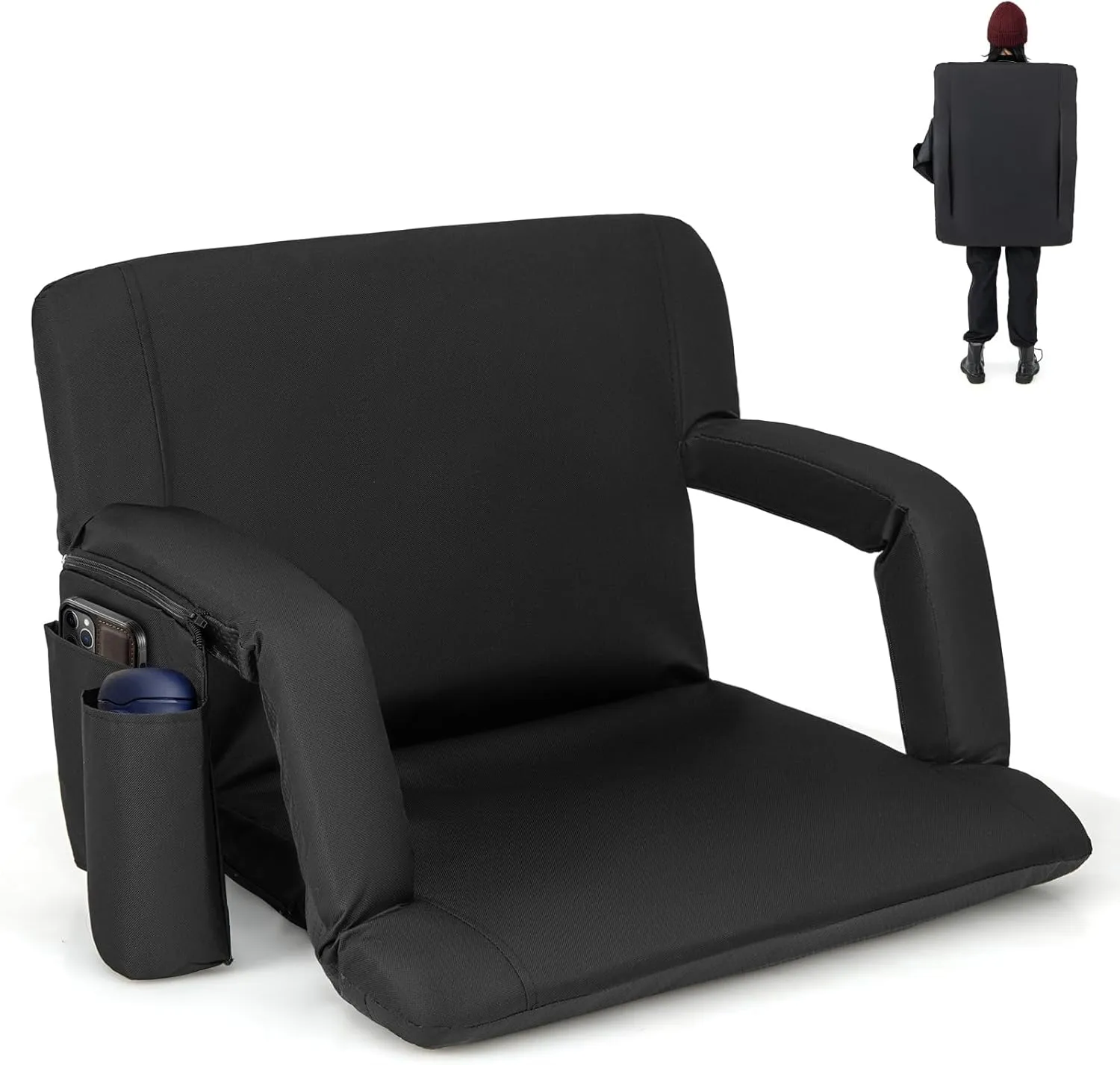 Goplus Stadium Seating for Bleachers, 24.5’’ Wide Folding Bleacher Chair w/6 Reclining Positions, Cup Holder, Thick Cushion, Adjustable Strap for Sporting Events
