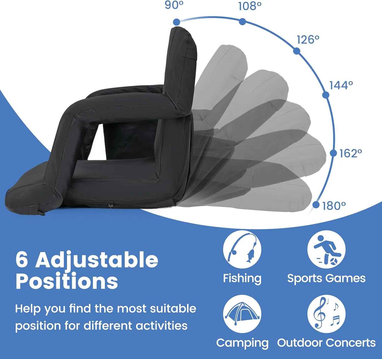 Goplus Stadium Seating for Bleachers, 24.5’’ Wide Folding Bleacher Chair w/6 Reclining Positions, Cup Holder, Thick Cushion, Adjustable Strap for Sporting Events