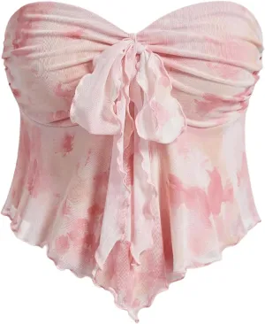 GORGLITTER Women's Floral Ruffle Tube Top Strapless Flowy Coquette Going Out Bandeau Tops