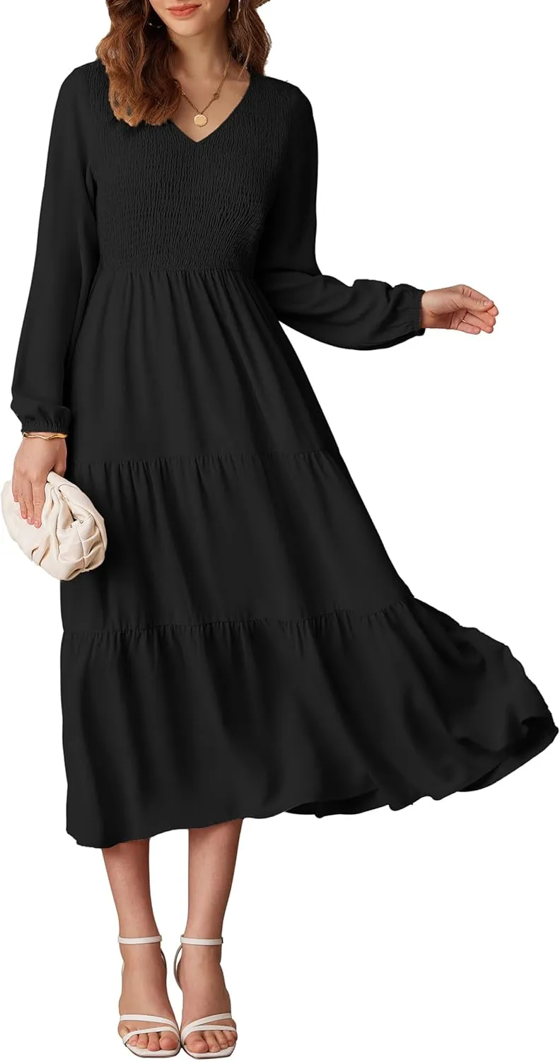 GRACE KARIN Long Sleeve Dresses for Women V Neck Smocked Tiered A-Line Dress Formal Cocktail Wedding Guest Maxi Dress