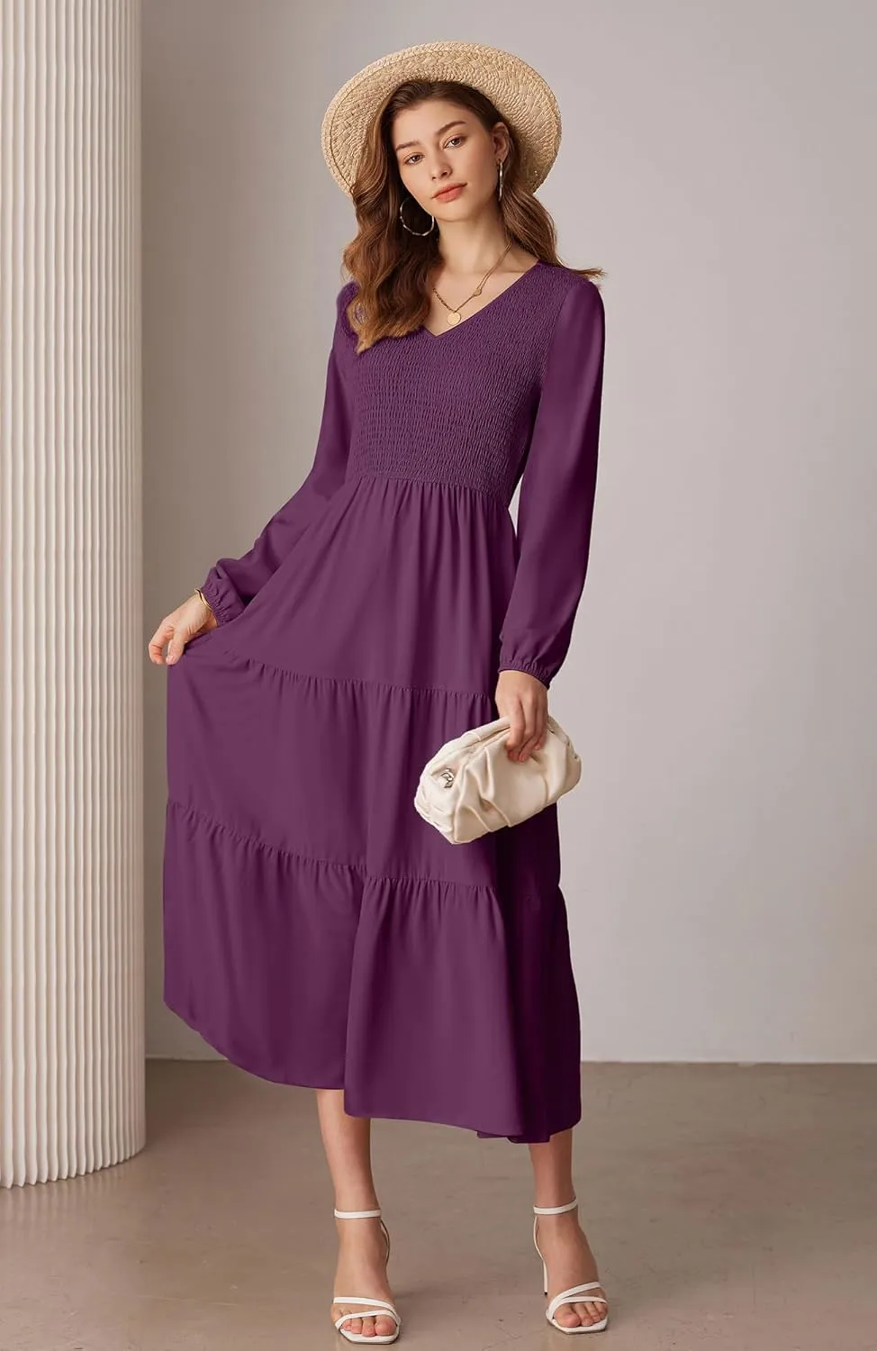 GRACE KARIN Long Sleeve Dresses for Women V Neck Smocked Tiered A-Line Dress Formal Cocktail Wedding Guest Maxi Dress