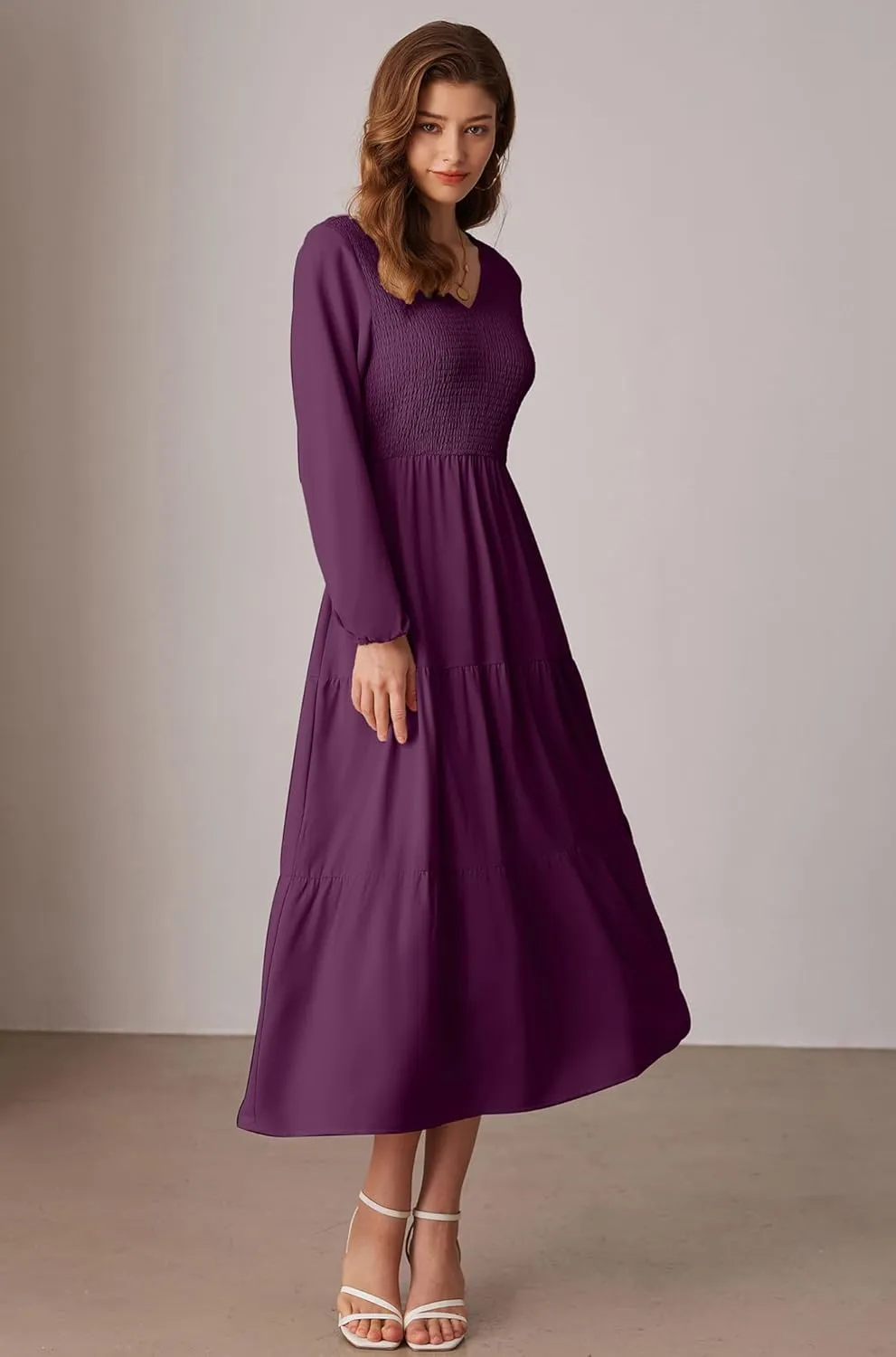GRACE KARIN Long Sleeve Dresses for Women V Neck Smocked Tiered A-Line Dress Formal Cocktail Wedding Guest Maxi Dress