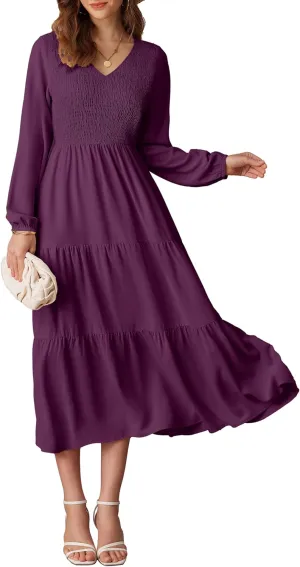GRACE KARIN Long Sleeve Dresses for Women V Neck Smocked Tiered A-Line Dress Formal Cocktail Wedding Guest Maxi Dress