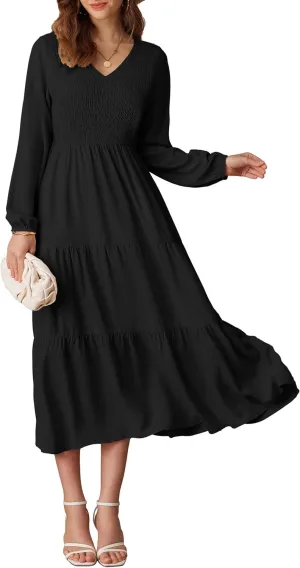 GRACE KARIN Long Sleeve Dresses for Women V Neck Smocked Tiered A-Line Dress Formal Cocktail Wedding Guest Maxi Dress
