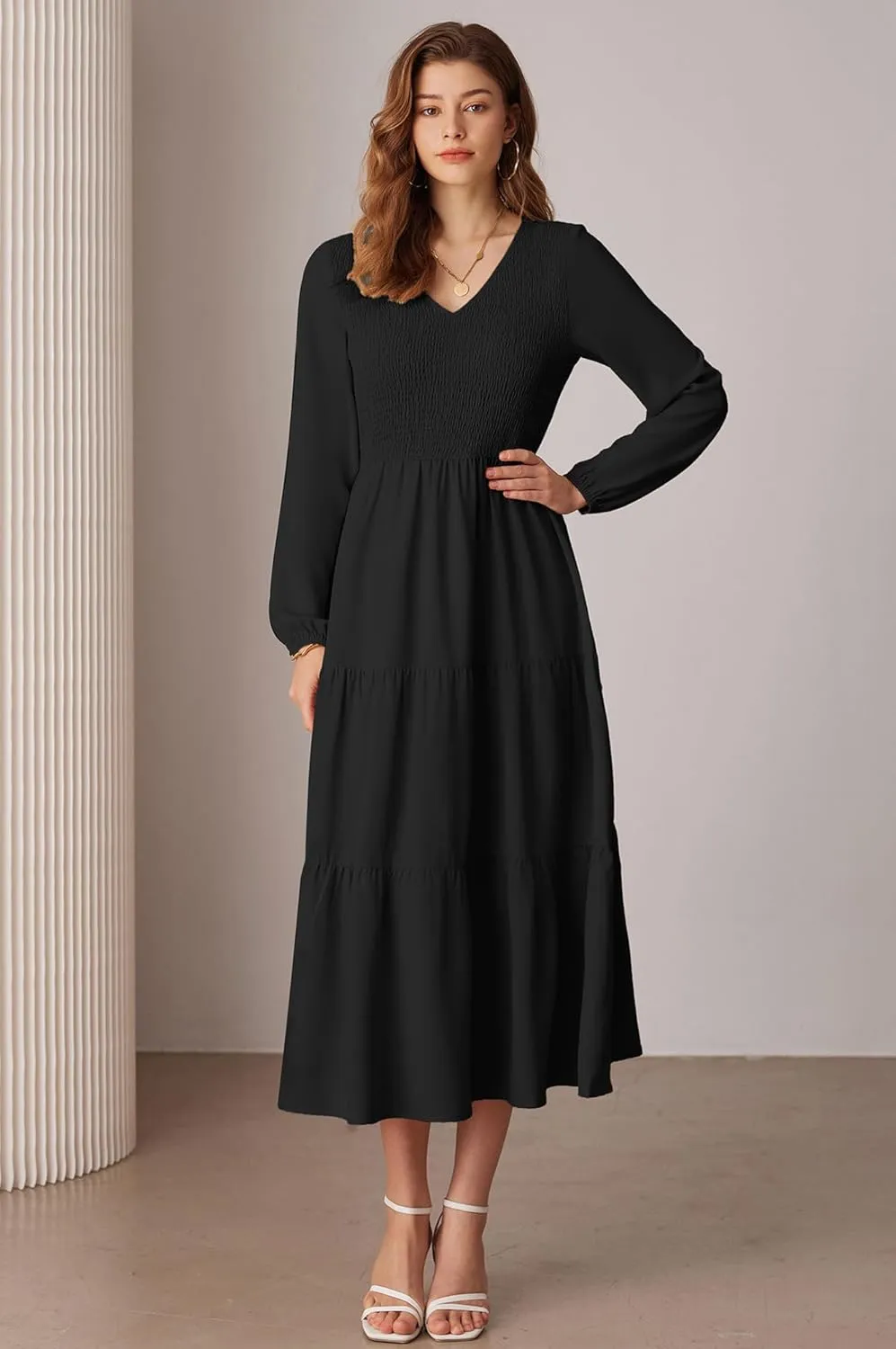 GRACE KARIN Long Sleeve Dresses for Women V Neck Smocked Tiered A-Line Dress Formal Cocktail Wedding Guest Maxi Dress