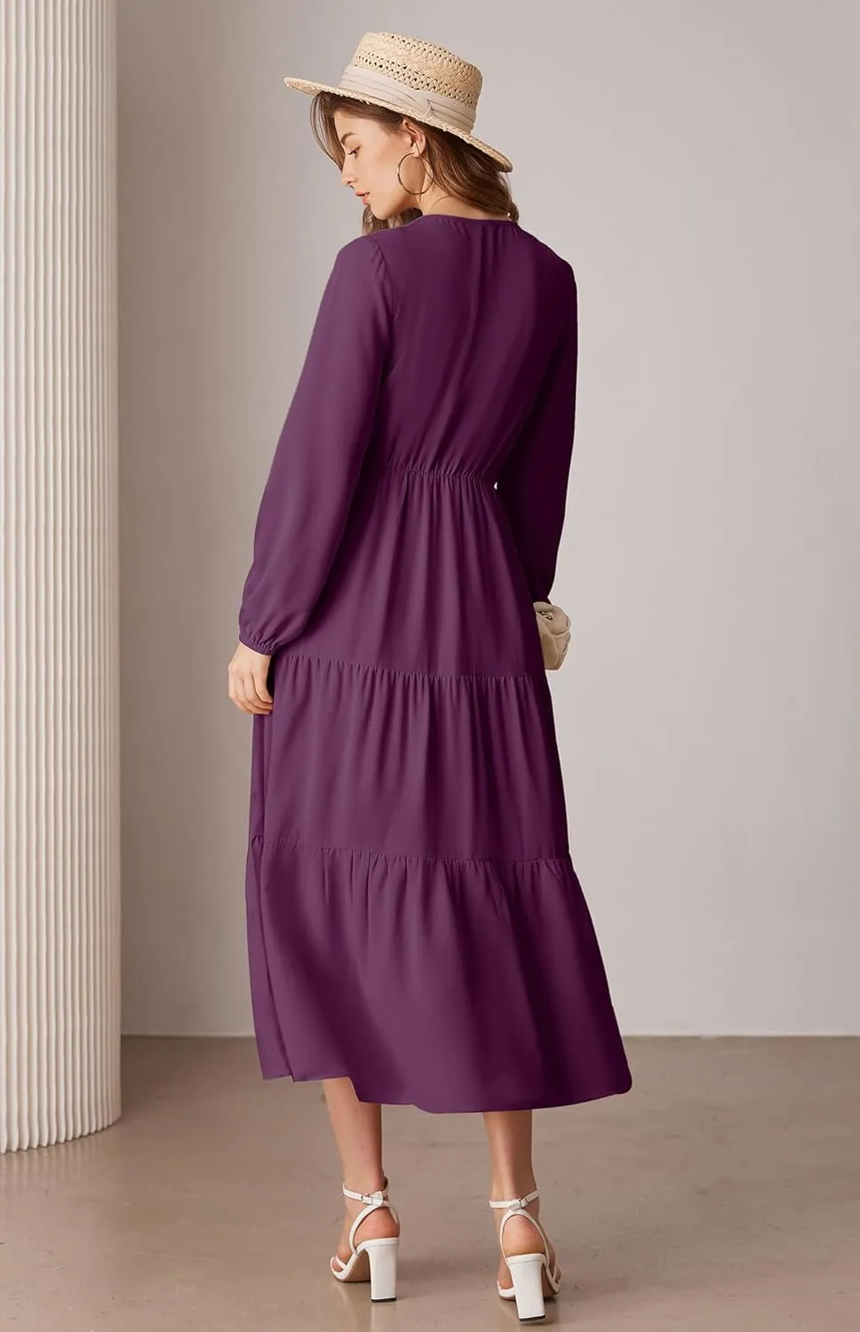 GRACE KARIN Long Sleeve Dresses for Women V Neck Smocked Tiered A-Line Dress Formal Cocktail Wedding Guest Maxi Dress