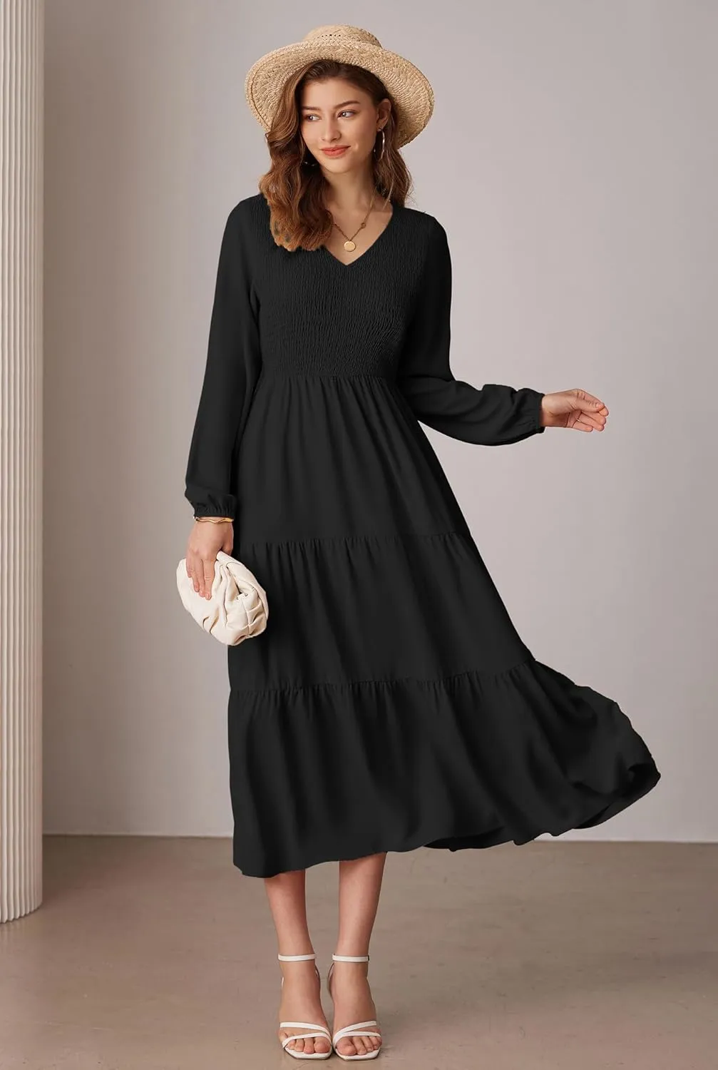 GRACE KARIN Long Sleeve Dresses for Women V Neck Smocked Tiered A-Line Dress Formal Cocktail Wedding Guest Maxi Dress