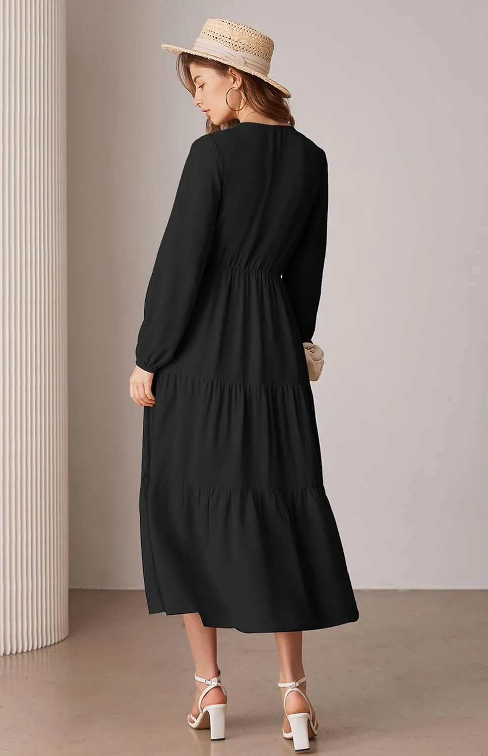 GRACE KARIN Long Sleeve Dresses for Women V Neck Smocked Tiered A-Line Dress Formal Cocktail Wedding Guest Maxi Dress