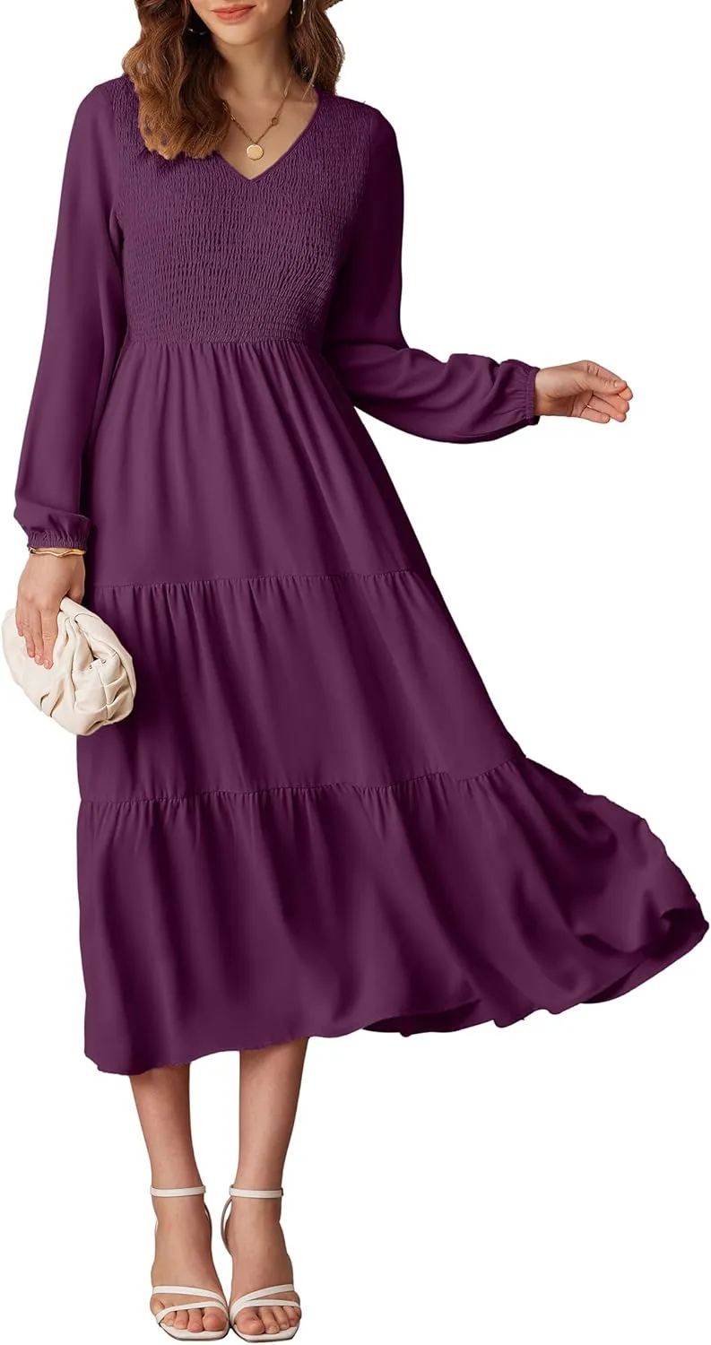 GRACE KARIN Long Sleeve Dresses for Women V Neck Smocked Tiered A-Line Dress Formal Cocktail Wedding Guest Maxi Dress