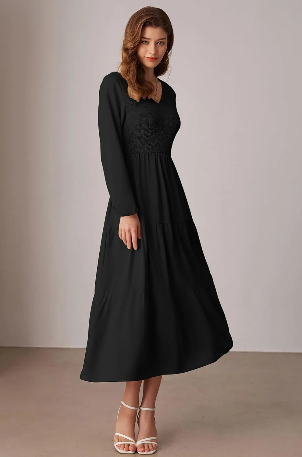 GRACE KARIN Long Sleeve Dresses for Women V Neck Smocked Tiered A-Line Dress Formal Cocktail Wedding Guest Maxi Dress