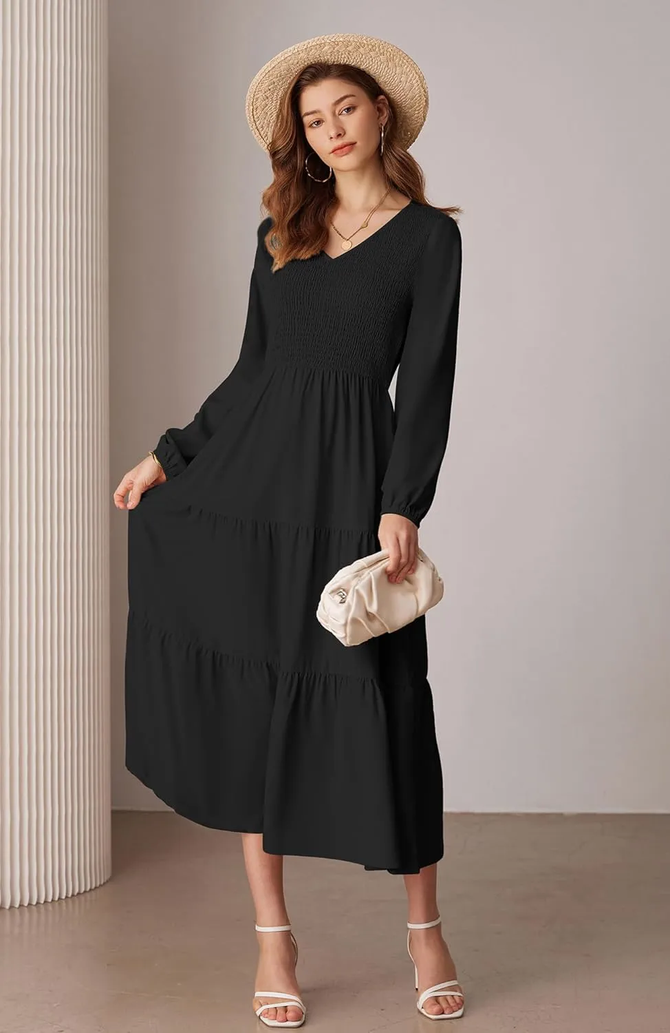 GRACE KARIN Long Sleeve Dresses for Women V Neck Smocked Tiered A-Line Dress Formal Cocktail Wedding Guest Maxi Dress