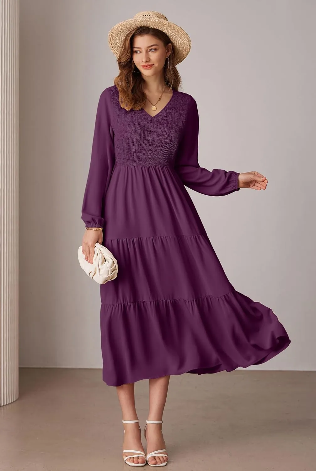 GRACE KARIN Long Sleeve Dresses for Women V Neck Smocked Tiered A-Line Dress Formal Cocktail Wedding Guest Maxi Dress