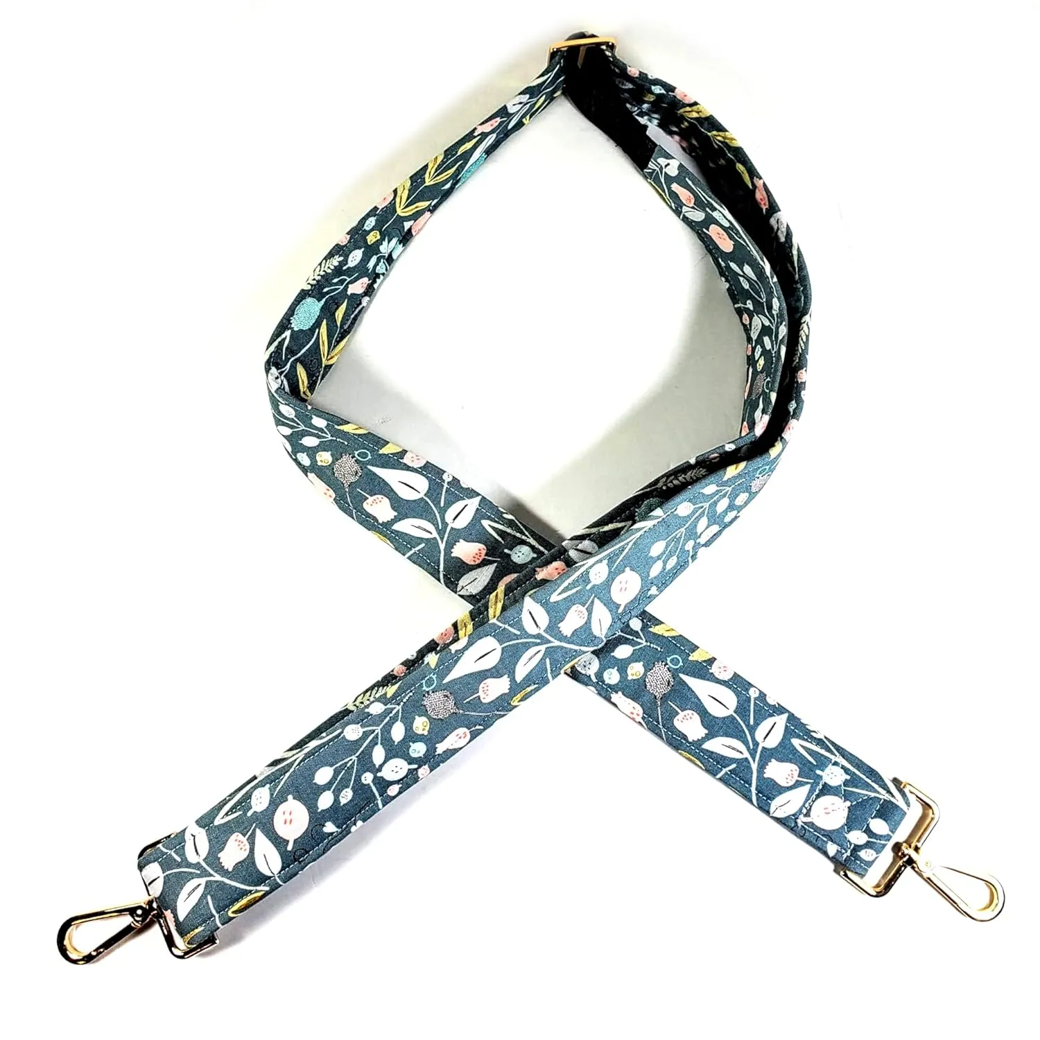 Green Scandinavian Guitar Style Bag Strap - Flowers on Green Cross Body Strap - Custom Hardware Color- Adjustable -Double Padded-Durable- (2" Width, Silver)