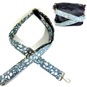 Green Scandinavian Guitar Style Bag Strap - Flowers on Green Cross Body Strap - Custom Hardware Color- Adjustable -Double Padded-Durable- (2" Width, Silver)