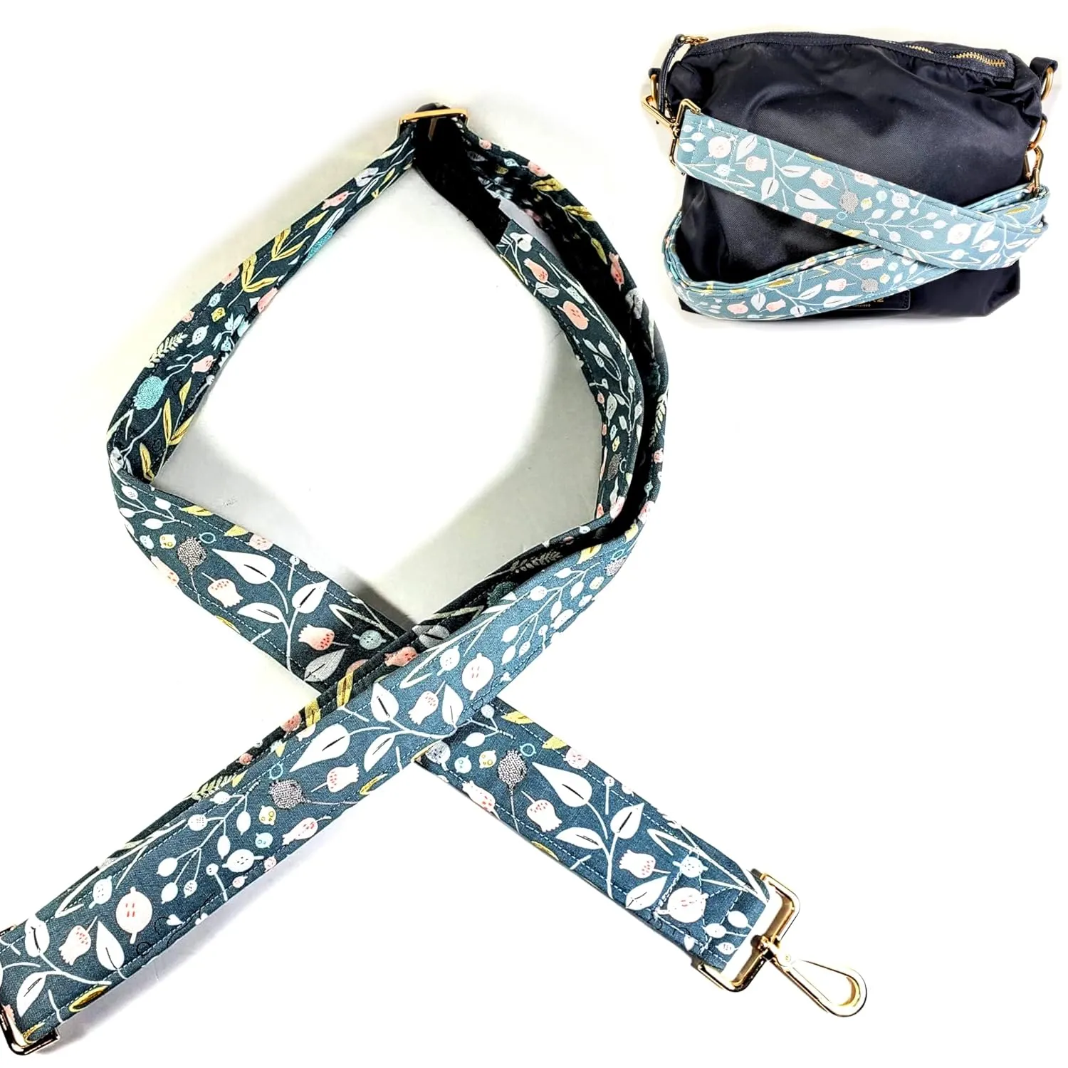 Green Scandinavian Guitar Style Bag Strap - Flowers on Green Cross Body Strap - Custom Hardware Color- Adjustable -Double Padded-Durable- (2" Width, Silver)
