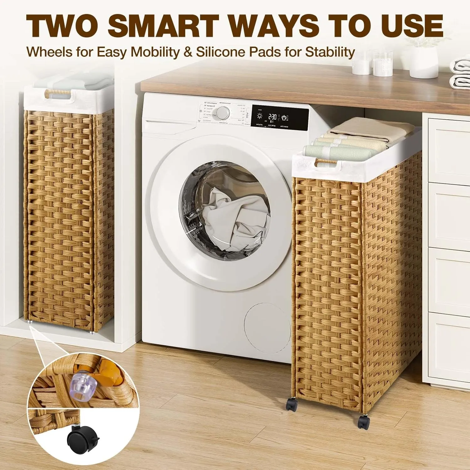 Greenstell Laundry Hamper with Wheels, 11.9 Gallon (45L) Small Clothes Hamper with 2 Removable Liner Bags & 2 Mesh Bags, Slim Rattan Laundry Basket for Bathroom, Bedroom, Natural