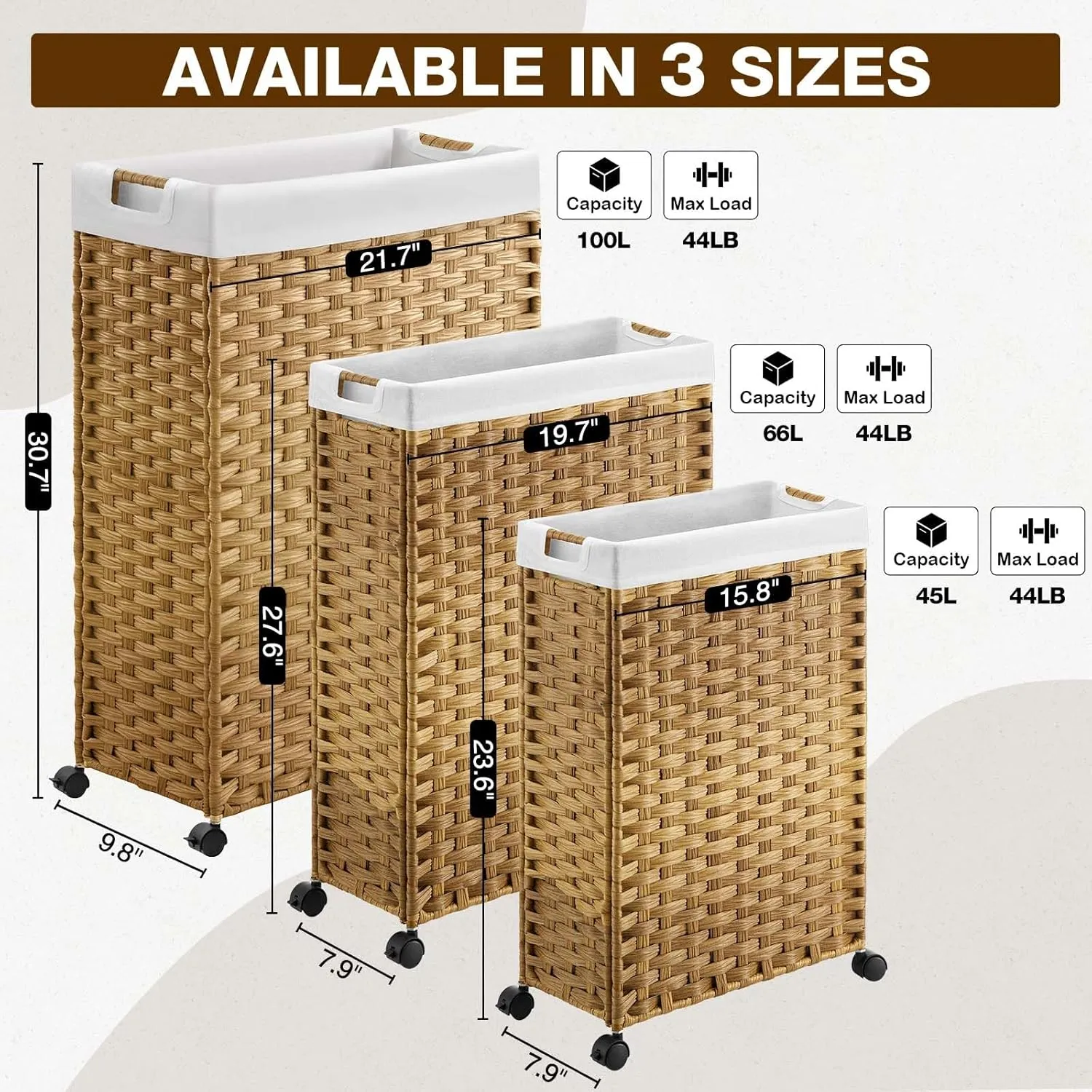 Greenstell Laundry Hamper with Wheels, 11.9 Gallon (45L) Small Clothes Hamper with 2 Removable Liner Bags & 2 Mesh Bags, Slim Rattan Laundry Basket for Bathroom, Bedroom, Natural
