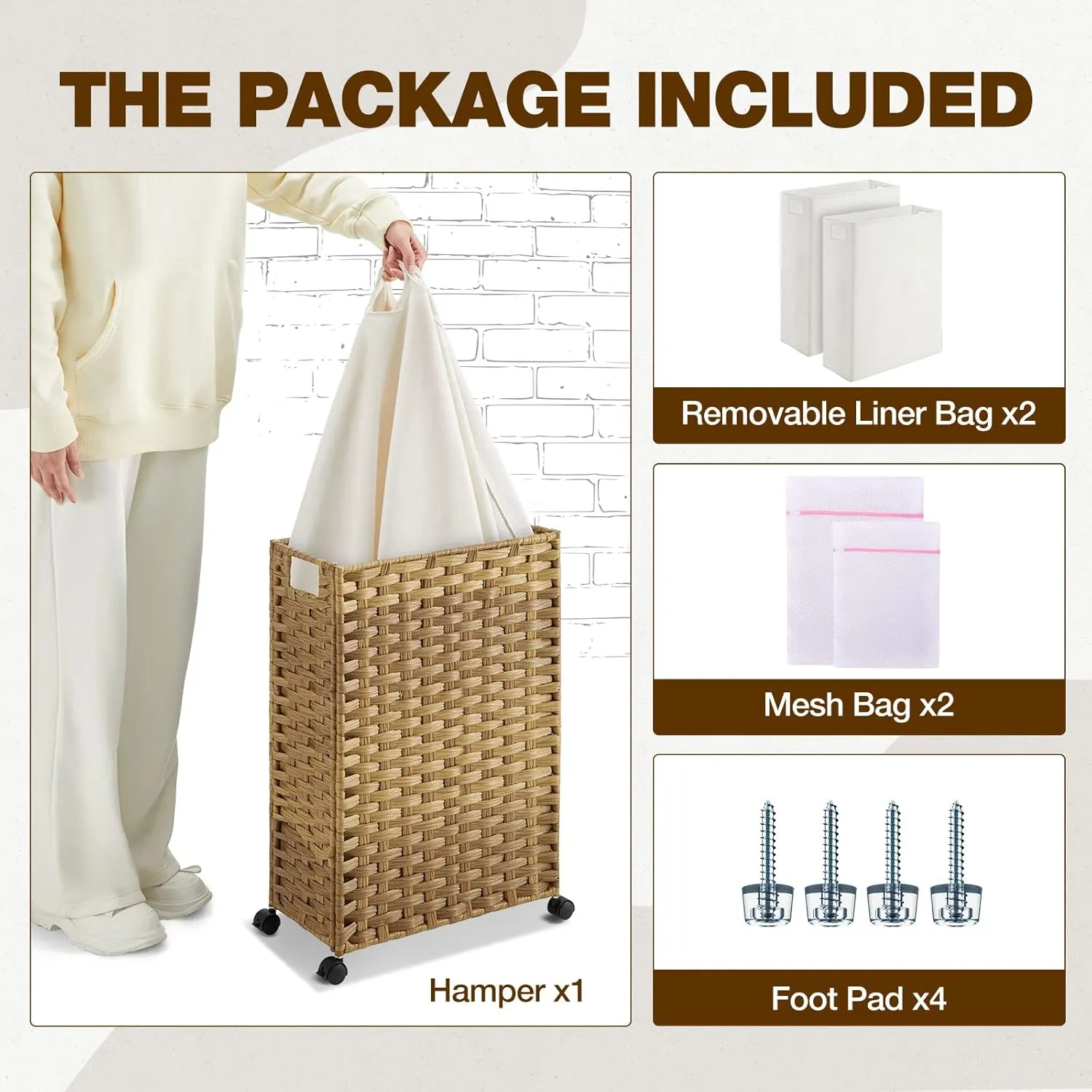 Greenstell Laundry Hamper with Wheels, 11.9 Gallon (45L) Small Clothes Hamper with 2 Removable Liner Bags & 2 Mesh Bags, Slim Rattan Laundry Basket for Bathroom, Bedroom, Natural