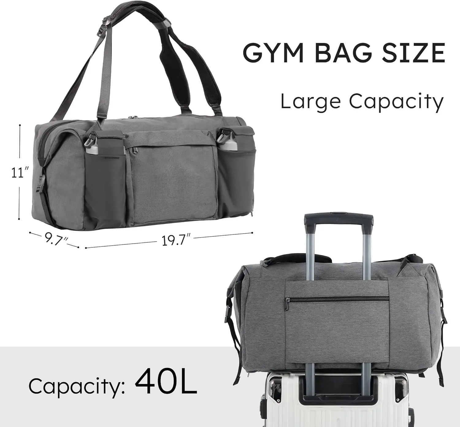 Gym Bag for Men with 2 Upgraded Bottle Holders Convertible Duffle Bag and Gym Backpack Waterproof Sports Bags with Shoes Compartment and Wet Pocket - Grey