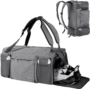 Gym Bag for Men with 2 Upgraded Bottle Holders Convertible Duffle Bag and Gym Backpack Waterproof Sports Bags with Shoes Compartment and Wet Pocket - Grey