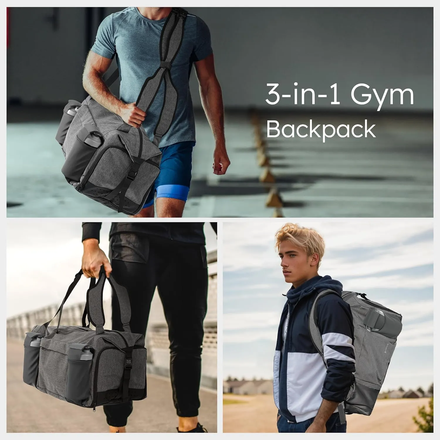 Gym Bag for Men with 2 Upgraded Bottle Holders Convertible Duffle Bag and Gym Backpack Waterproof Sports Bags with Shoes Compartment and Wet Pocket - Grey
