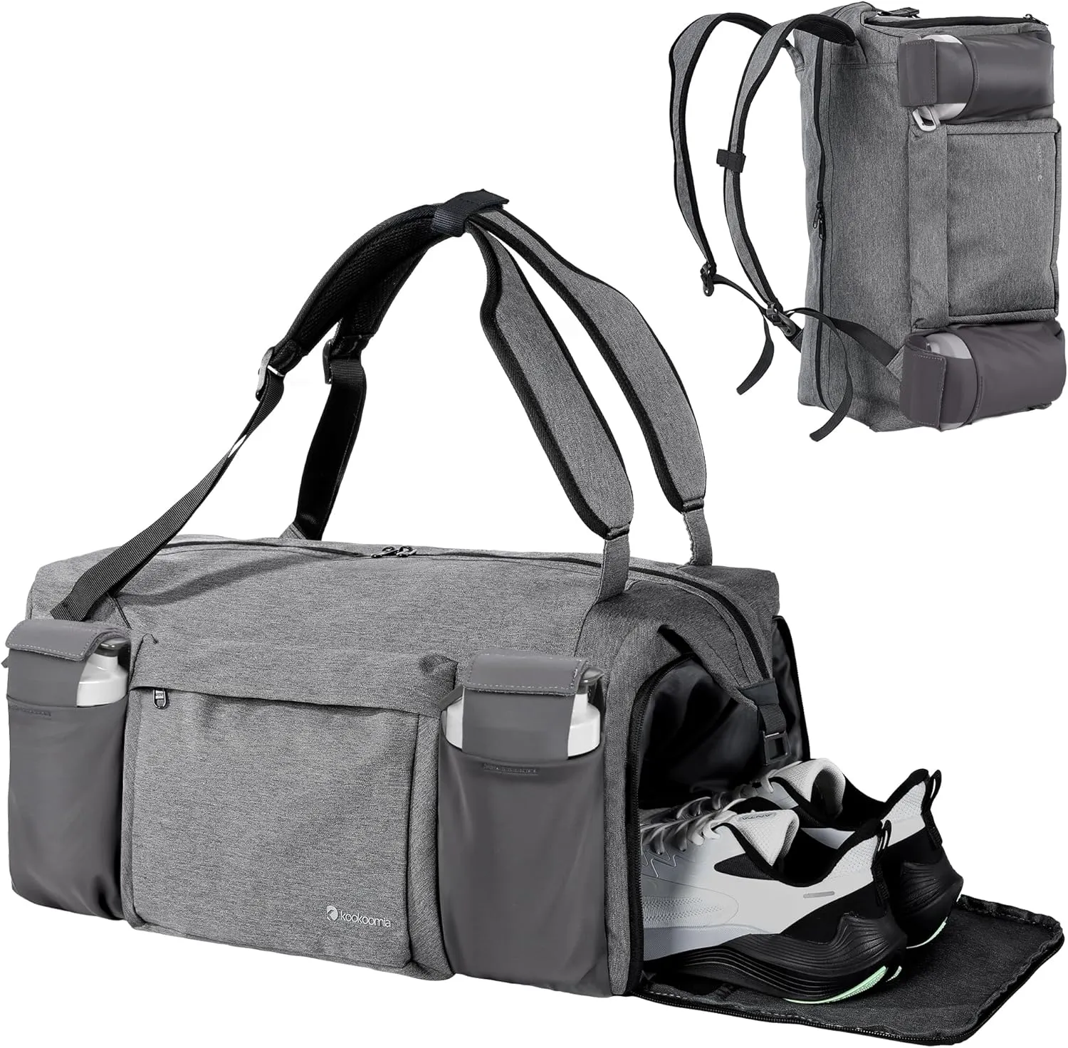 Gym Bag for Men with 2 Upgraded Bottle Holders Convertible Duffle Bag and Gym Backpack Waterproof Sports Bags with Shoes Compartment and Wet Pocket - Grey