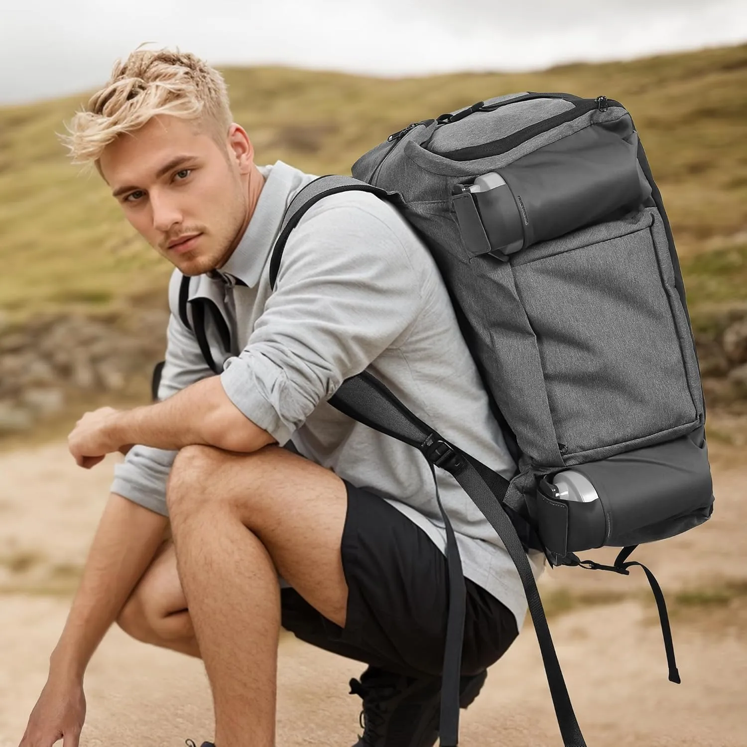 Gym Bag for Men with 2 Upgraded Bottle Holders Convertible Duffle Bag and Gym Backpack Waterproof Sports Bags with Shoes Compartment and Wet Pocket - Grey