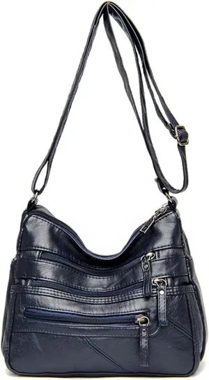 Handbag Shoulder Bag Soft Leather Shoulder Bag, Large Capacity Portable Solid Color Simple Messenger Bag (Blue)