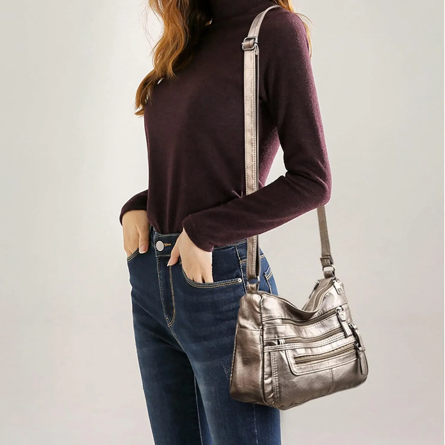 Handbag Shoulder Bag Soft Leather Shoulder Bag, Large Capacity Portable Solid Color Simple Messenger Bag (Blue)