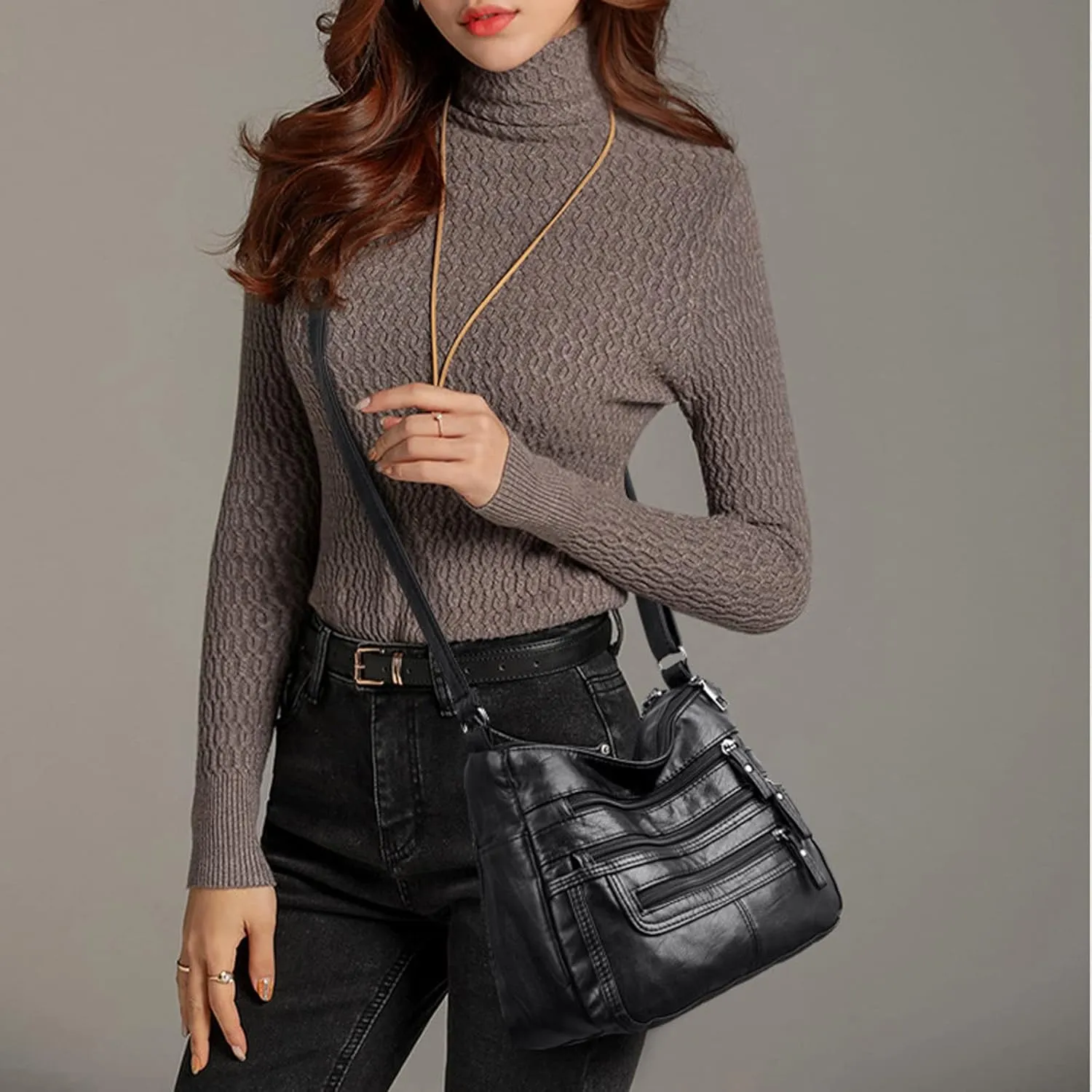 Handbag Shoulder Bag Soft Leather Shoulder Bag, Large Capacity Portable Solid Color Simple Messenger Bag (Blue)
