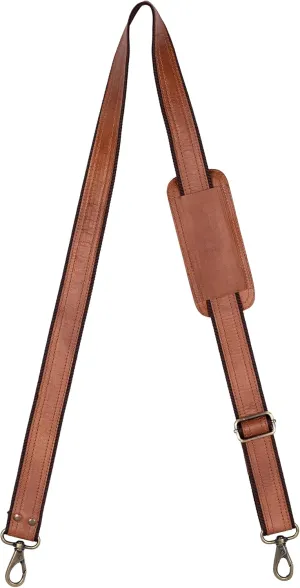 HB Genuine Leather Adjustable Bag Strap Replacement | 57" Double Layered Strap with Long Shoulder Pad ~ Brass Swivel Hooks for Messenger, Duffle, Laptop Bags (Tan Brown)