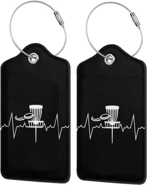 Heartbeat Disc Golf Luggage Tags for Travel, Stainless Steel & Leather, Personalized Engraved, Durable Bag Tags 4 PCS