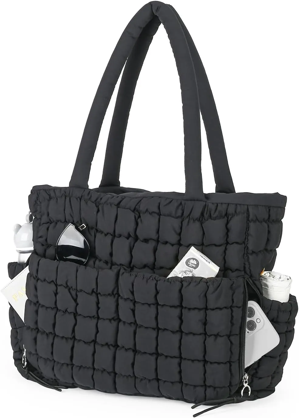 Herald Quilted Puffer Tote Bag for Women, Bubble Puffy Handbag with Compartments, Shoulder Purse for Work Travel Gym