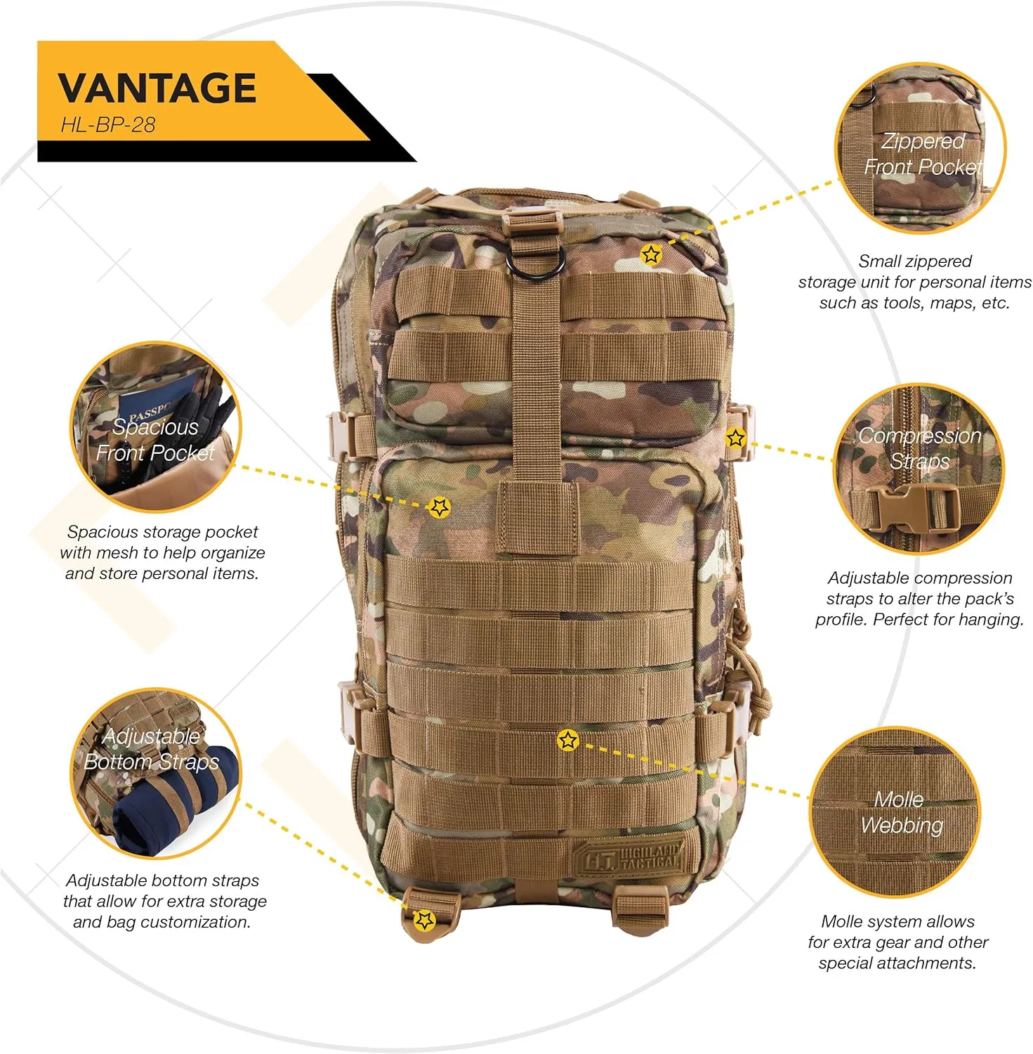 Highland Tactical Men's Vantage Tactical Backpack, Black, One Size