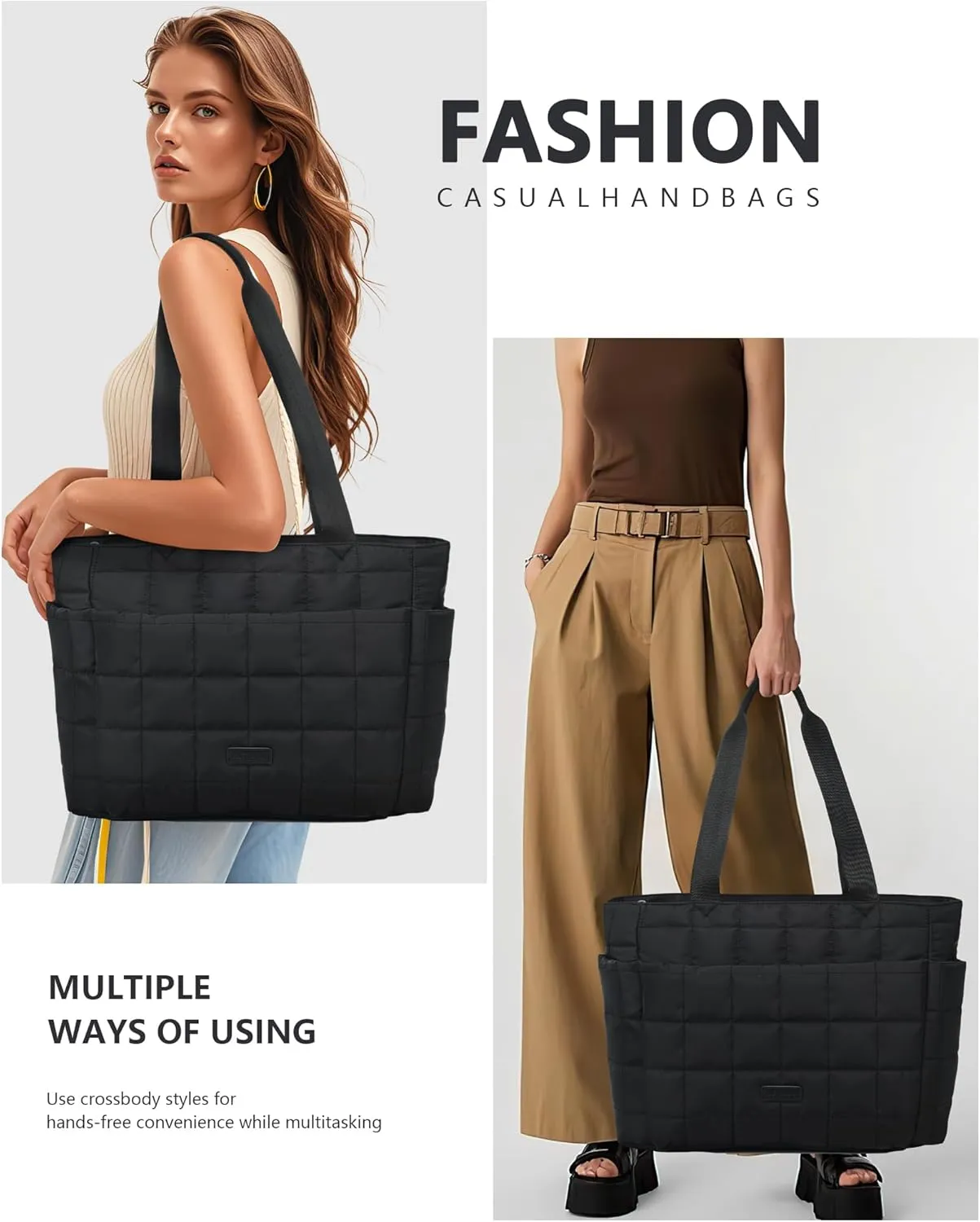 HKCLUF Quilted Puffer Tote Bag for Women 20L Lightweight Waterproof Large Work Travel Gym Tote Bag with Laptop Compartment