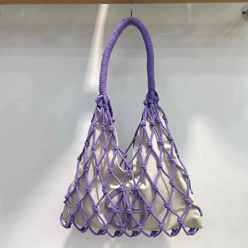 Hollow Out Slim Beach Bags For Women Luxury Designer Handbags Purses 2024 New In Nylon Rope Braided Canvas Inner Pocket Shoulder