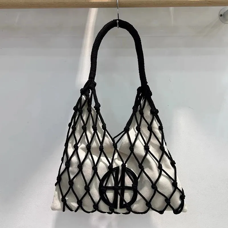 Hollow Out Slim Beach Bags For Women Luxury Designer Handbags Purses 2024 New In Nylon Rope Braided Canvas Inner Pocket Shoulder