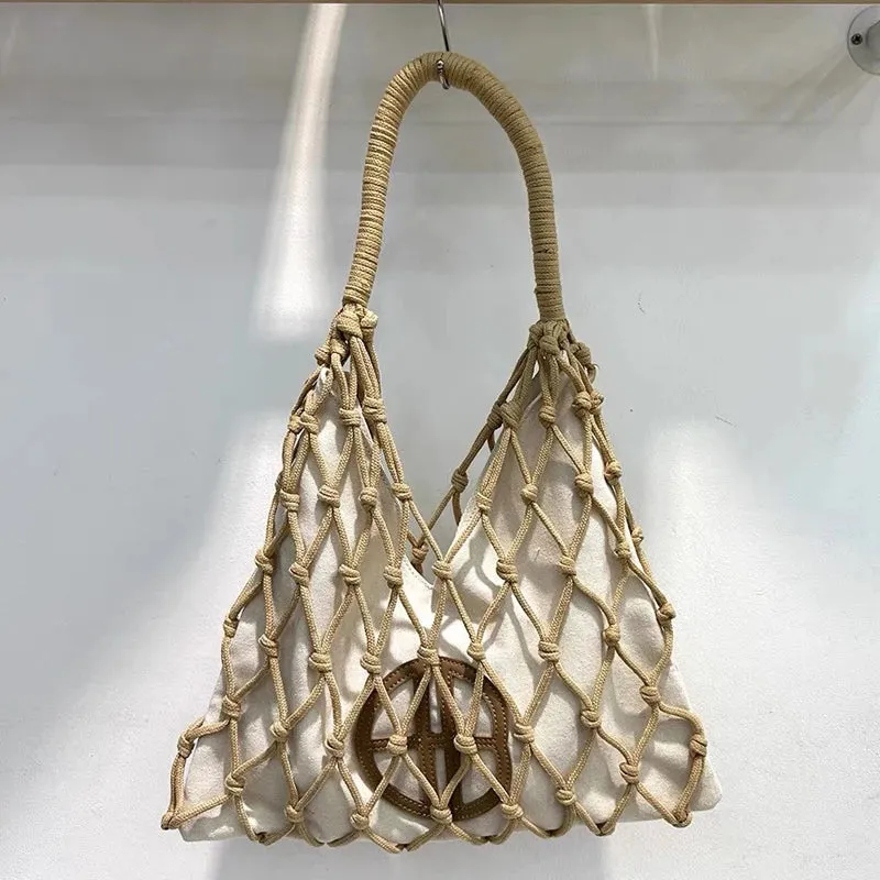 Hollow Out Slim Beach Bags For Women Luxury Designer Handbags Purses 2024 New In Nylon Rope Braided Canvas Inner Pocket Shoulder
