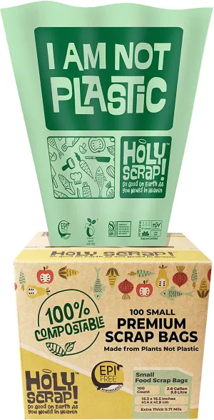 Holy Scrap! Compostable Trash Bags Small - Pack of 100 - Kitchen Compost Bags 2.6 Gallon Trash Bags - Compost Biodegradable Bags 1-3 Gallon Countertop Garbage Bin - Bathroom Bio Mini Trash Can Liners