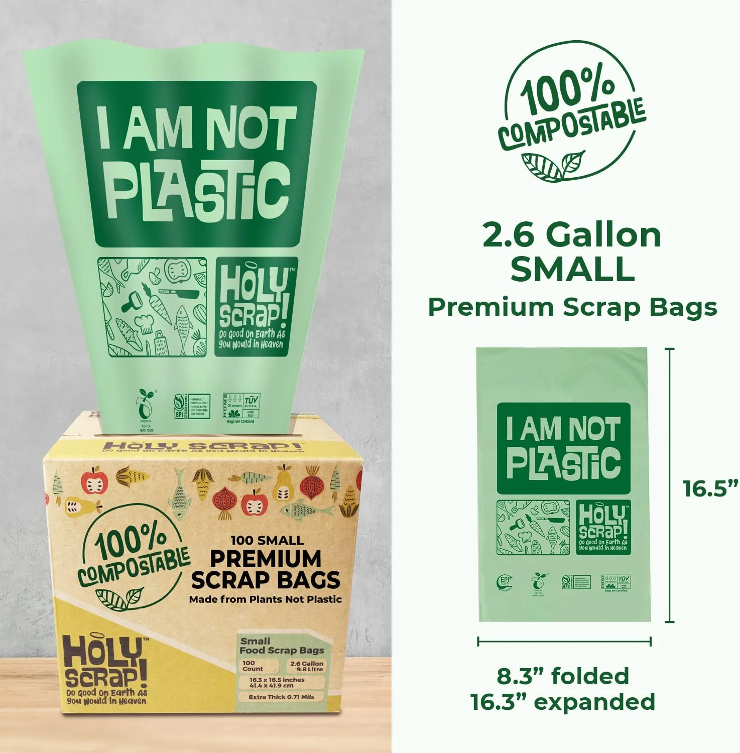 Holy Scrap! Compostable Trash Bags Small - Pack of 100 - Kitchen Compost Bags 2.6 Gallon Trash Bags - Compost Biodegradable Bags 1-3 Gallon Countertop Garbage Bin - Bathroom Bio Mini Trash Can Liners