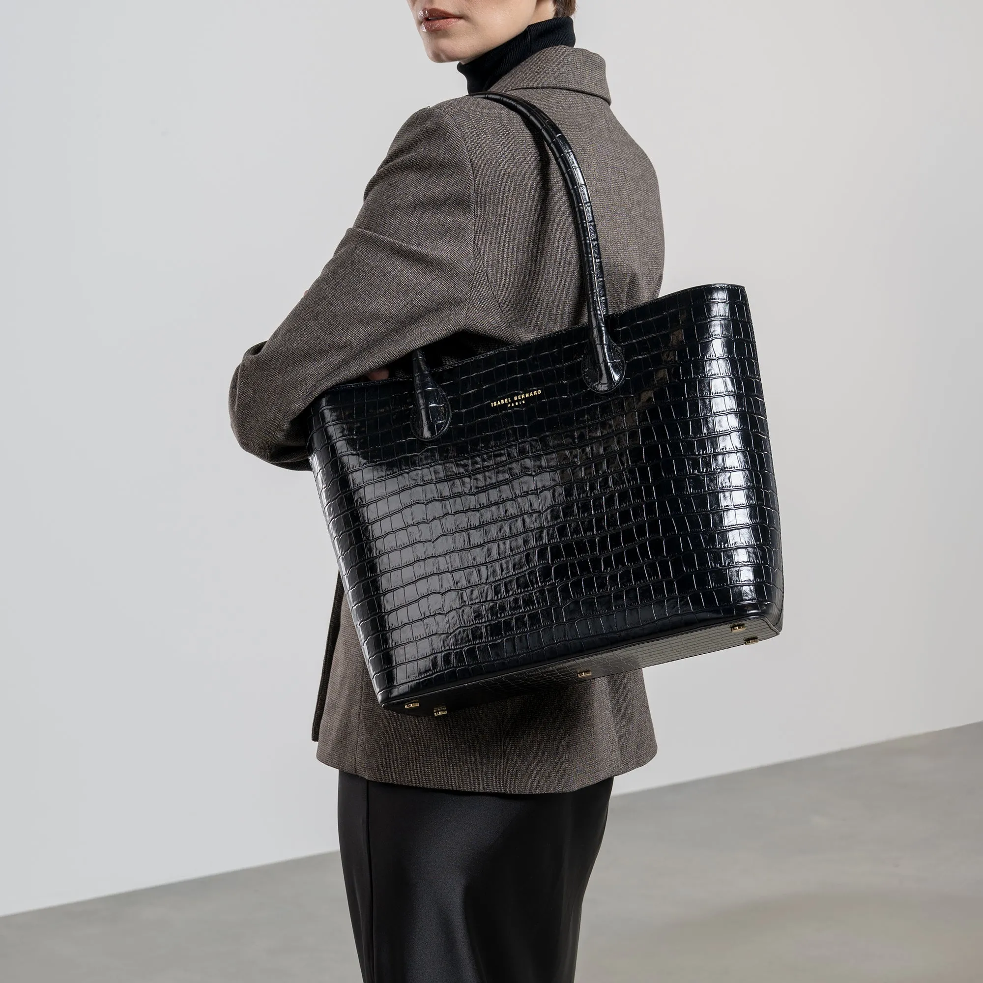Honoré Lysanne croco black calfskin leather shopper